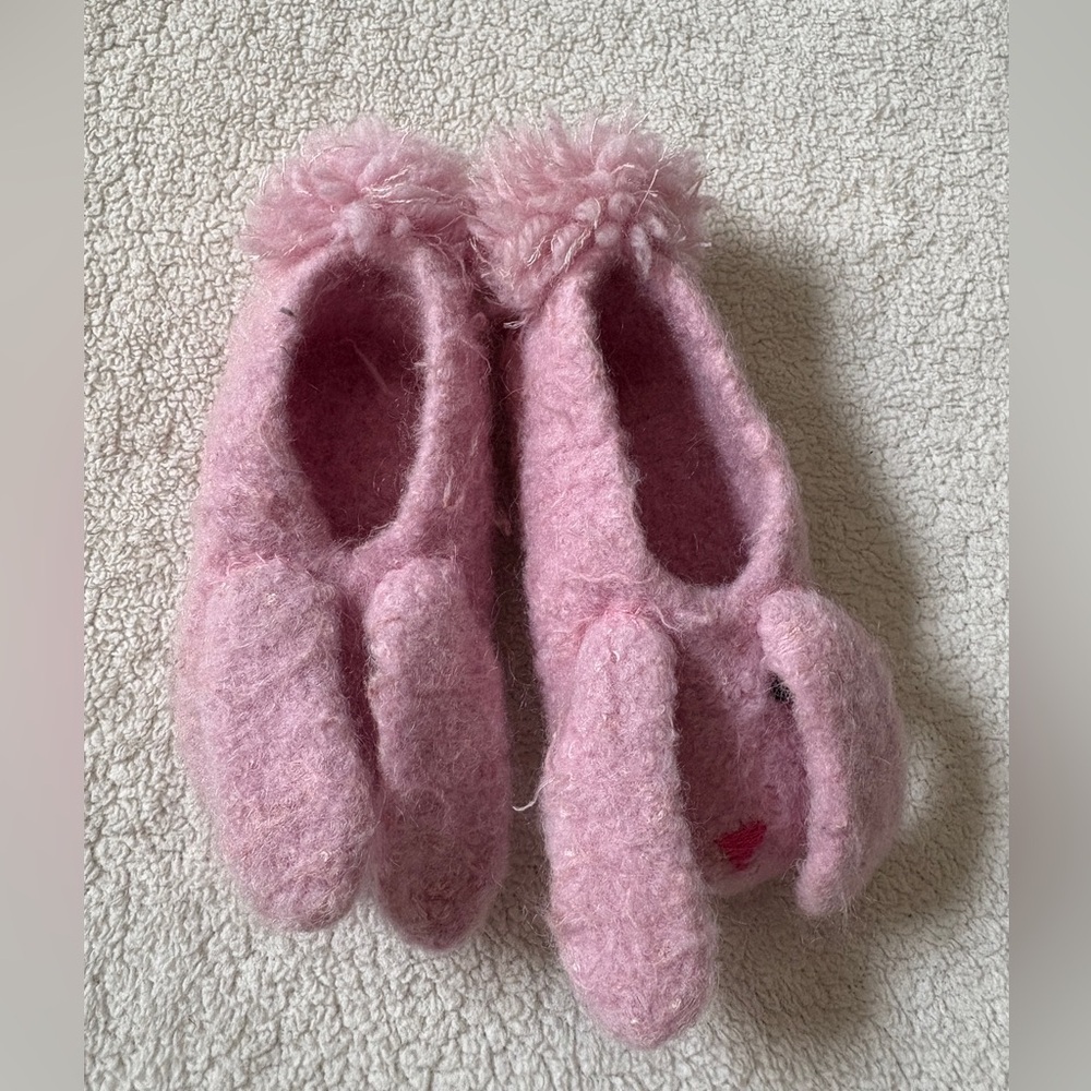 Baby Pink Pom Pom Felted Wool Bunny Slippers - Approx 9-12 Months